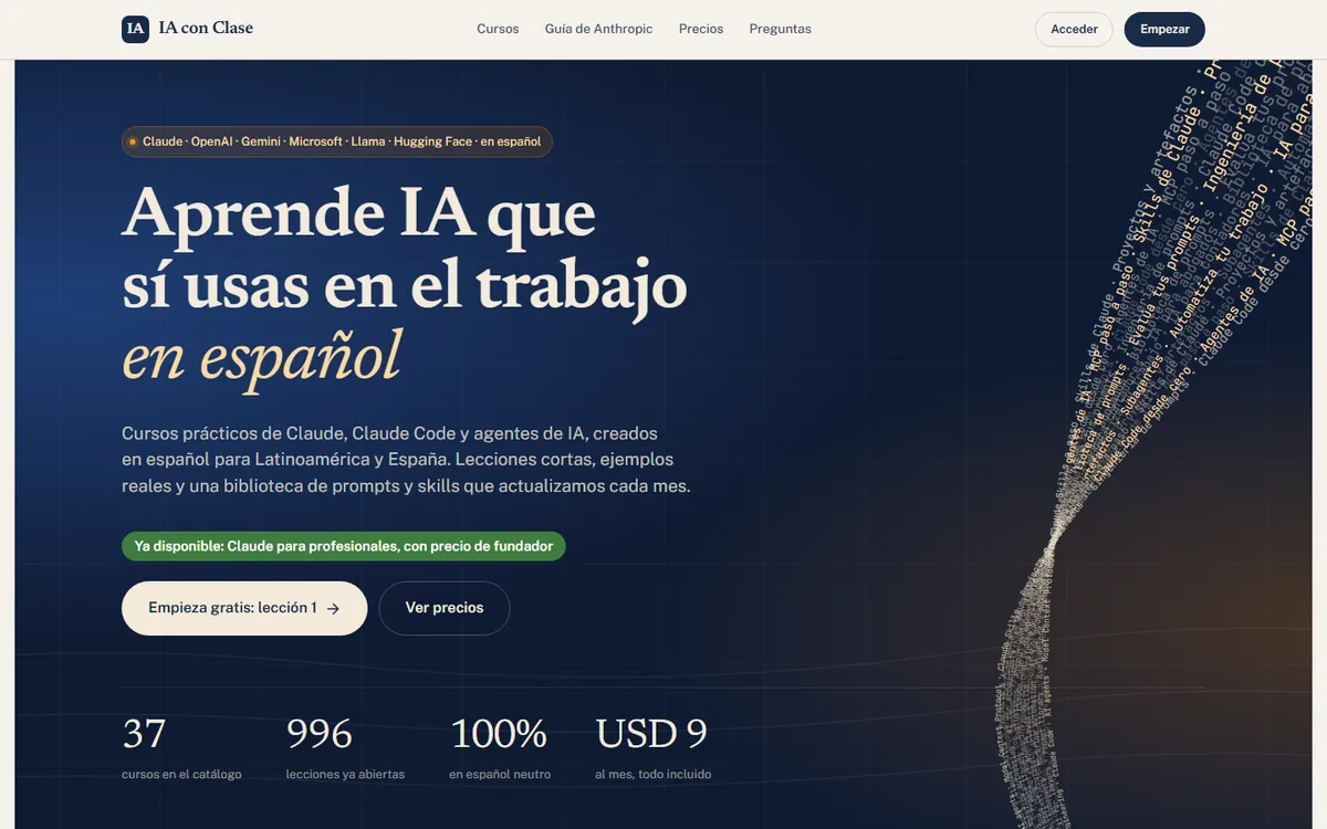 IA con Clase home page: practical AI courses in Spanish for Latin America and Spain